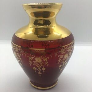Ruby Red Hand Blown Vecchia Italian Glass Vase W Gold Gilt Design 5” Bohemian